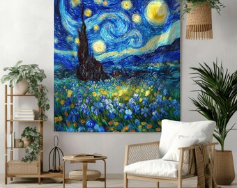 Starry Night Inspired Wall Tapestry with Floral Field, Vibrant Artistic Home Decor