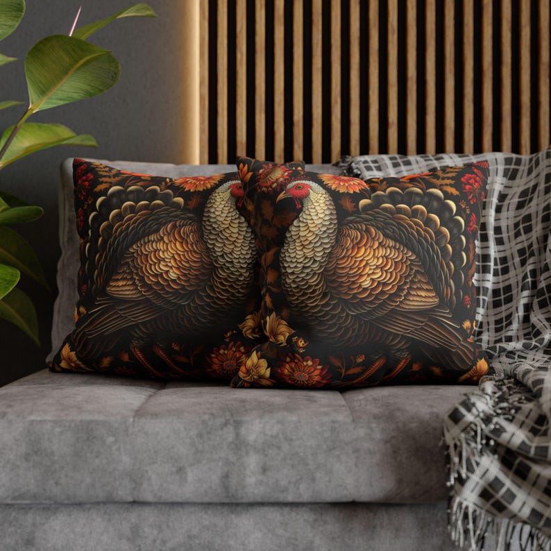 May include: Two decorative throw pillows with a dark background featuring a detailed illustration of two turkeys with gold and brown feathers. The pillows have a floral pattern with red, orange, and yellow flowers.