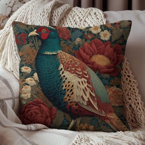 Elegant Pheasant & Peony Floral Pillow, Dark Academia Bird Cushion, Vintage Botanical Home Decor