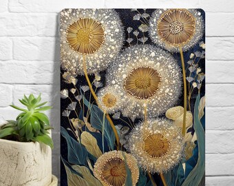 Golden Dandelion Metal Wall Art, Modern Botanical Tin Sign (12x16 in)