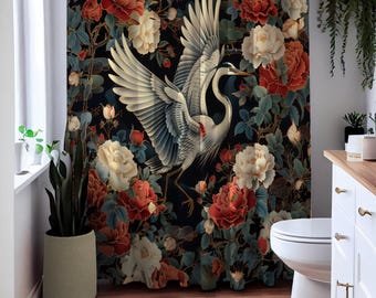 Floral Heron Shower Curtain: Coastal Bird Bathroom Decor