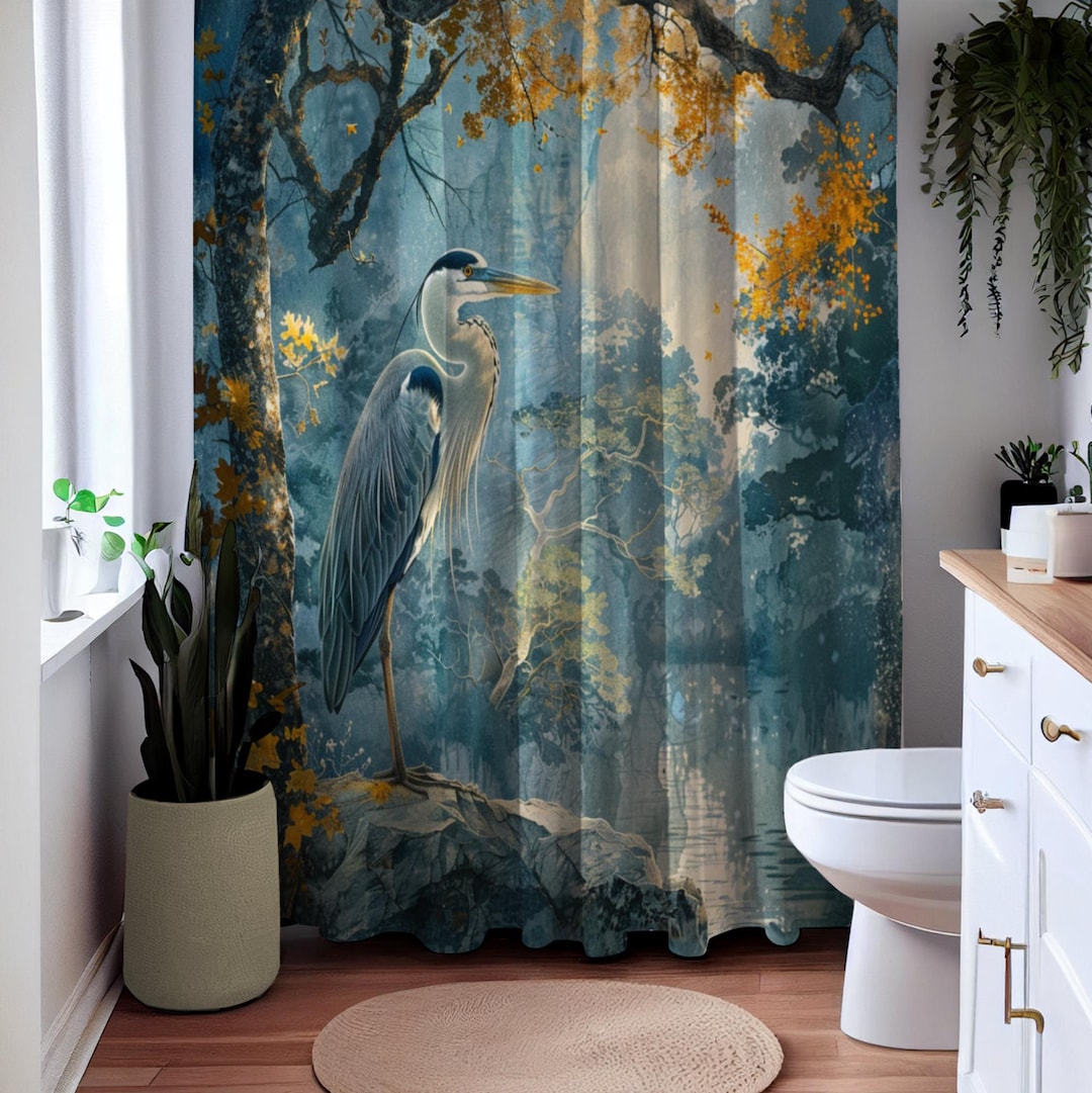 Blue Heron in Ancient Forest Shower Curtain - Coastal Bird Bathroom ...