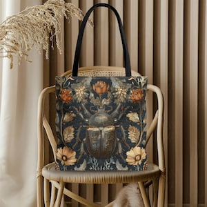 Gothic Beetle Floral Tote Bag, William Morris Inspired Botanical Insect Print