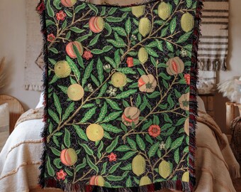 Orchard Fruits Woven Cotton Blanket, William Morris Inspired Botanical Throw
