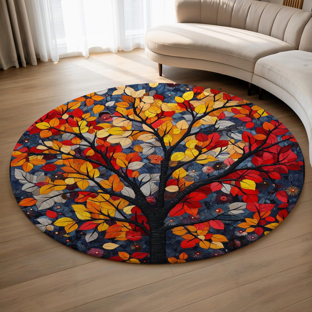 Round Autumn Rug Autumn Tree Round Rug, Stained Glass Mosaic Style, Colorful Fall Leaves ...