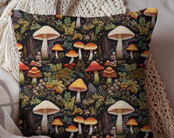 May include: A black throw pillow with a colorful mushroom pattern. The mushrooms are red, orange, yellow, and white. The background is a dark green.