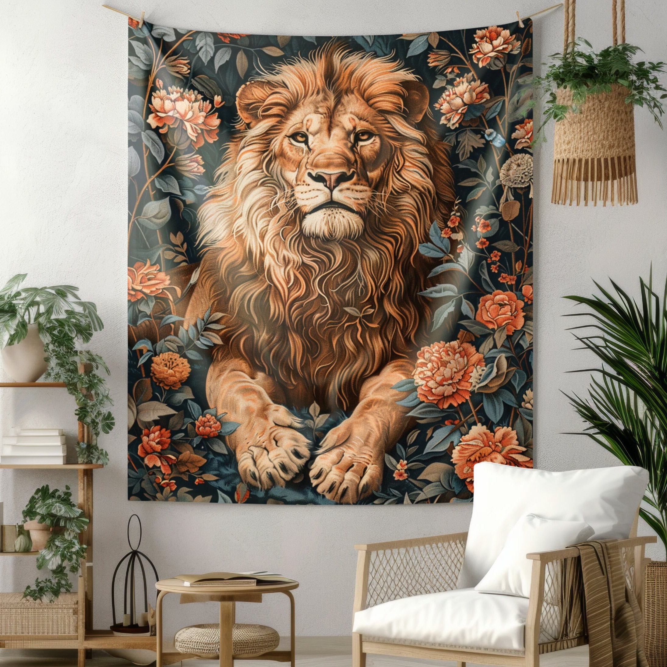 Tapestry of Botanical Lion William Morris Medieval Style Wall Art Tapestry Cottagecore Hanging and Home Decor Etsy