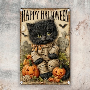 Happy Halloween Mummy Cat Wall Art, Cute Spooky Aluminum Sign (8x12 inch)