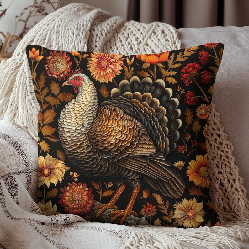 May include: A throw pillow with a dark background featuring a detailed illustration of a turkey surrounded by colorful flowers and leaves.