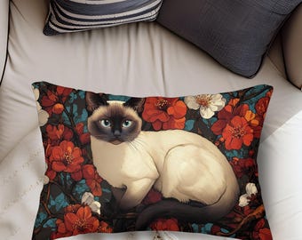 Siamese Cat Lumbar Pillow, Floral Cushion, Elegant Feline Decorative Home Accent