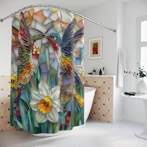 Stained Glass Hummingbirds Daffodils Field Polyester Shower Curtain