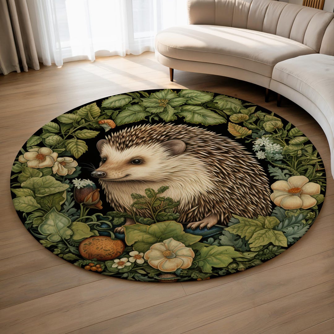 Hedgehog Rug Woodland Hedgehog Round Rug, Botanical Forest Animal Decor, Cottagecore ...