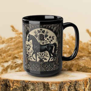 Botanicals Arabian Black Horse William Morris Inspired Black Coffee Cup 11oz, 15oz