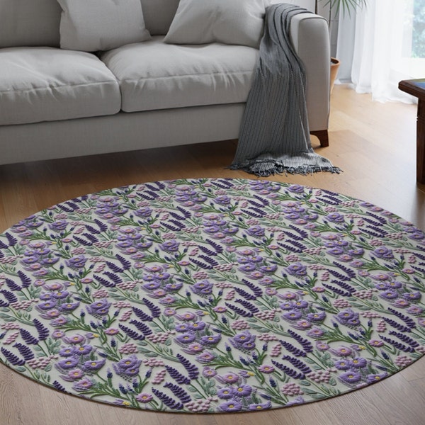 Sweet Larvender Embroidery Pattern Round Area Rug, Cottagecore Living Room Decor Rug, Housewarming Gift