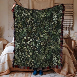 Dark Academia Botanical Woven Blanket – 100% Cotton Cozy Throw With Fringe Edges