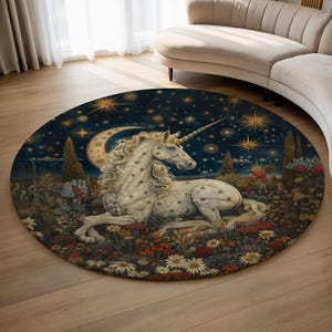 Celestial Unicorn Round Rug, Mystical Starry Night Carpet, Fantasy Botanical Tapestry Decor
