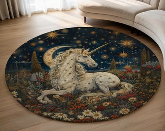 Celestial Unicorn Round Rug, Mystical Starry Night Carpet, Fantasy Botanical Tapestry Decor
