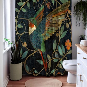 William Morris Inspired Art Deco Hummingbird Bathroom Decor Nature Shower Curtain