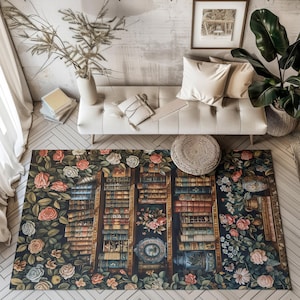 May include: A dark blue rug with a bookshelf design featuring rows of books and floral accents. The rug has a vintage aesthetic with a dark background and intricate details.