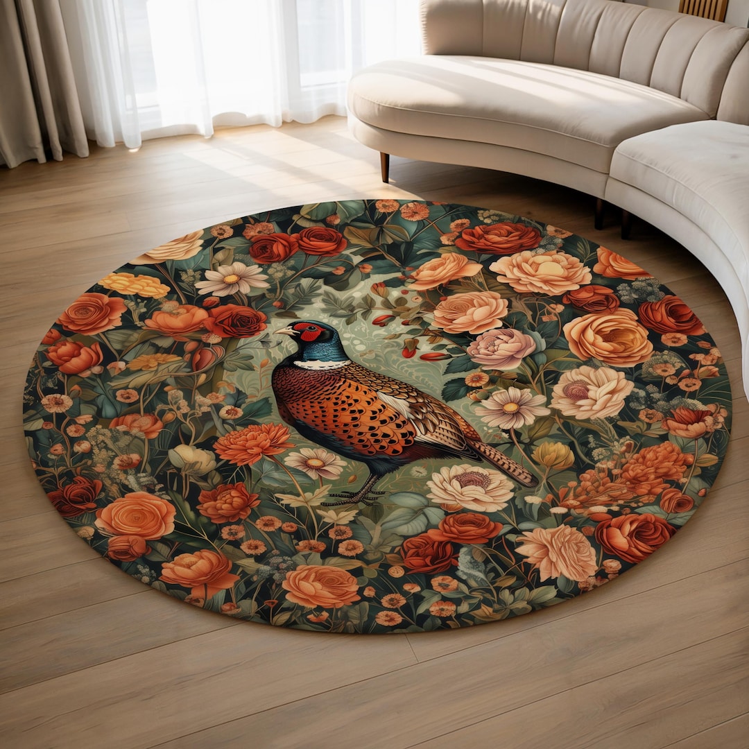 Botanical Pheasant Round Rug, Vintage Bird and Floral Tapestry Style ...