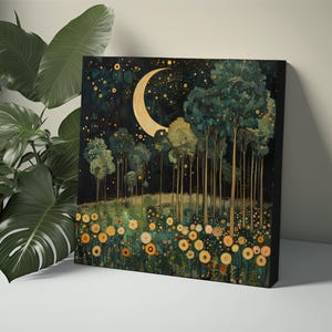 Gustav Klimt Moonlit Forest Bloom, Night Sky Canvas Wall Art, Matte Stretched Canvas 1.25
