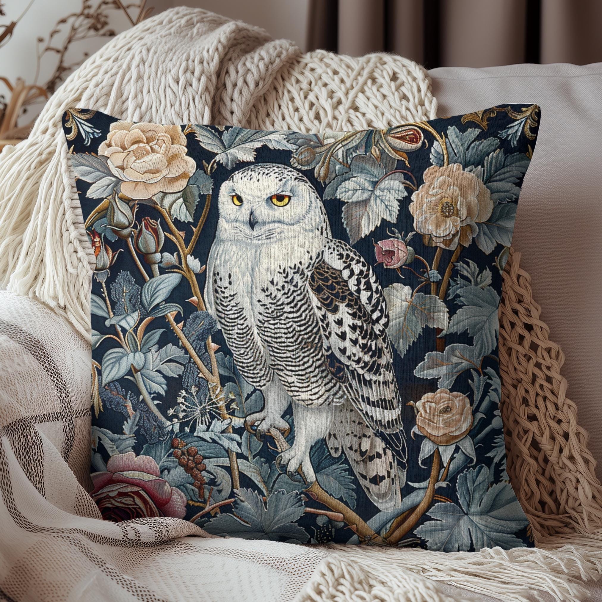 Snowy Owl Pillow: William Morris Inspired Vintage Decor