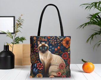 Siamese Cat Floral Tote | Vintage Botanical Pet Lover Print