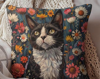 Botanical Tuxedo Cat Pillow: William Morris Inspired Cottagecore Decor