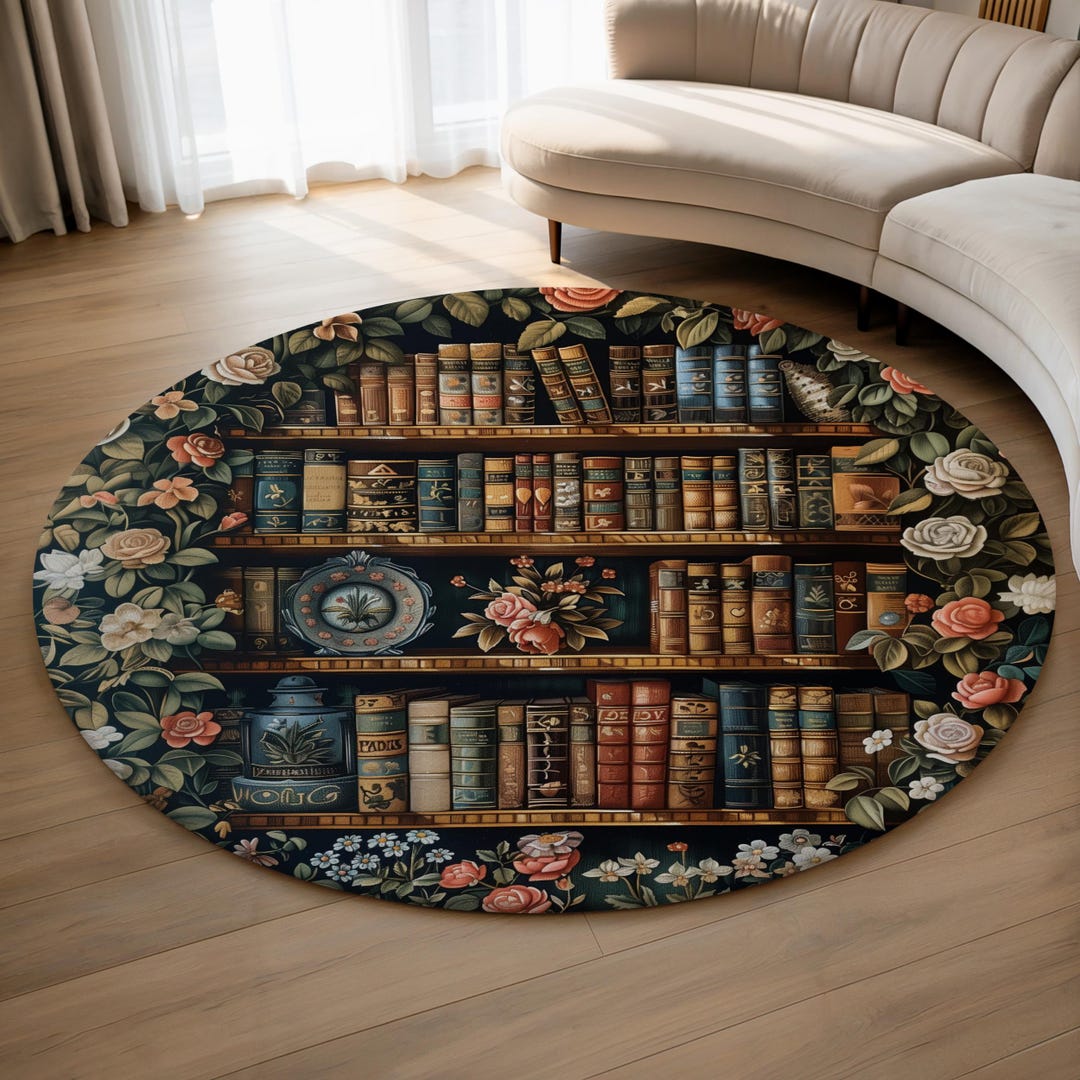 Ny Library Rugs Vintage Library Bookshelf Round Rug, Dark Academia Floral Book Lover ...
