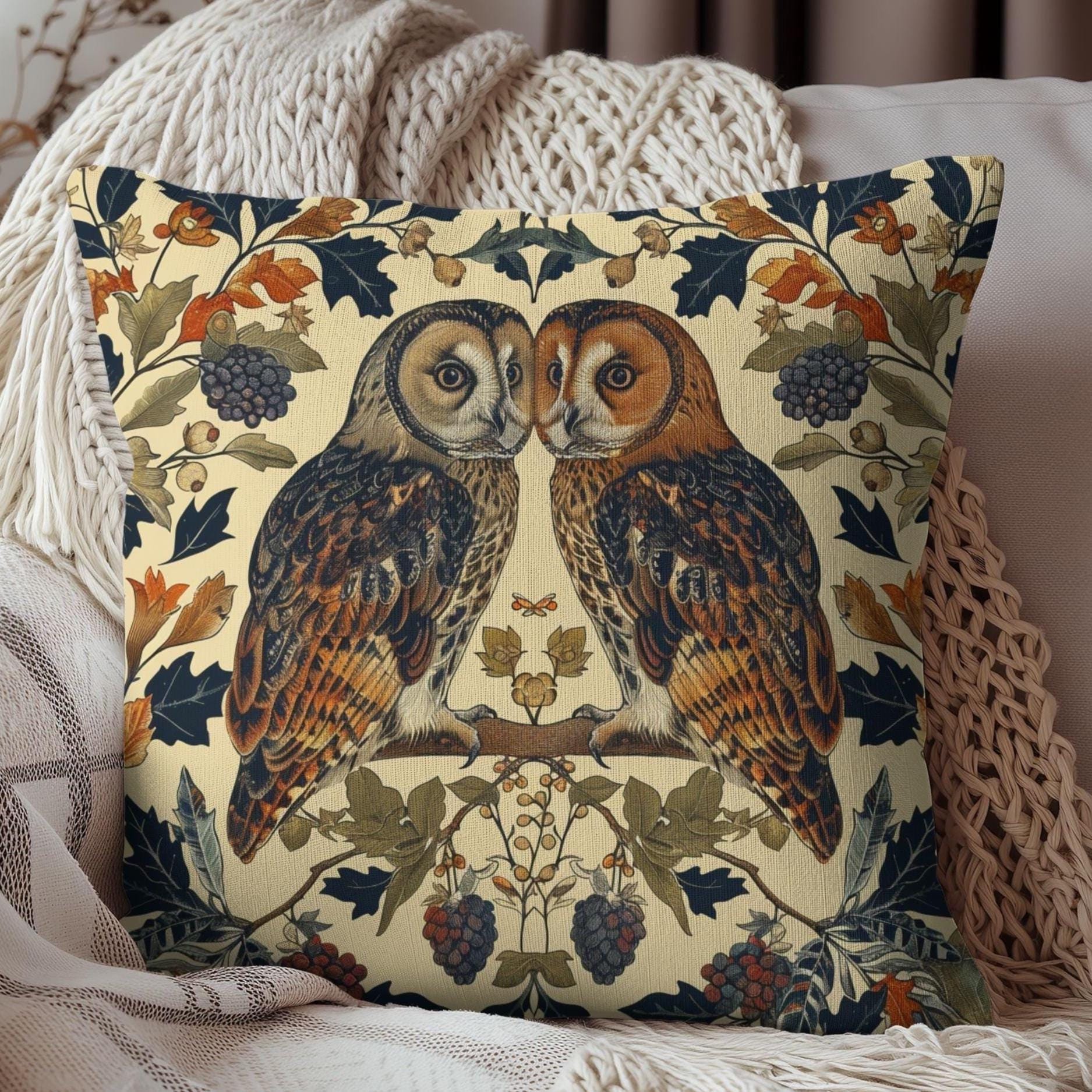 Art Deco Couple Owl Decorative Pillow William Morris Inspired | Cottagecore Home Decor Pillow