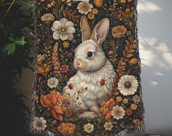 Bunny Herbst Blumen gewebte Decken, gemütliche Herbst Wohnkultur, William Morris inspirierte Baumwolldecken