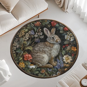 Botanical Rabbit Round Area Rug | William Morris Inspired Cottagecore Decor, Moody Woodland Round Carpet