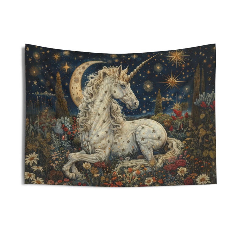 Tapestry of Crescent Moon Whimsical Night White Unicorn Tapestry Wall