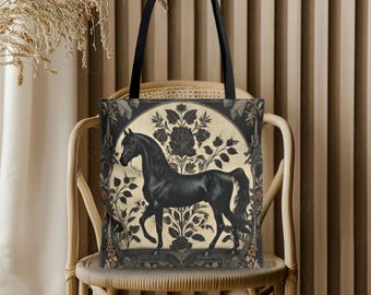 William Morris-inspirerad elegant arabisk svart hästtygväska | Gotisk blommig ridmarknadsväska