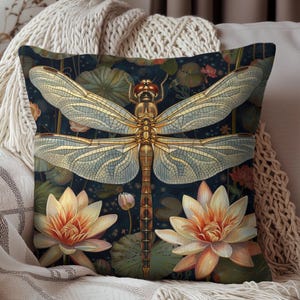 Dragonfly Water Lily Throw Pillow | Decorative Pillow William Morris Inspired | Cottage-core Pillow