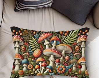 Mushroom Pattern Lumbar Pillow: William Morris Inspired Cottagecore Decor
