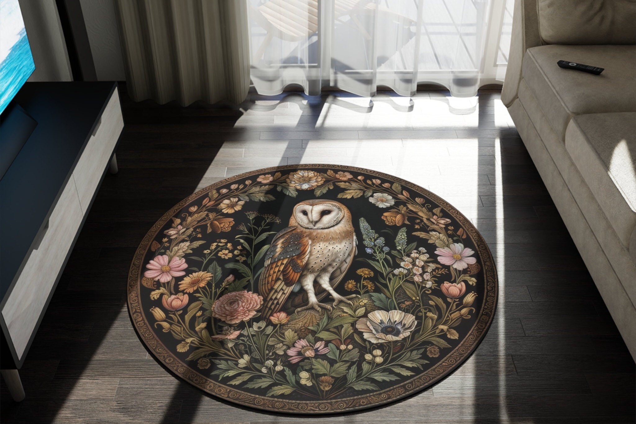 Forest Barn Owl Round AreaRug | William Morris Inspired Cottagecore Decor, Housewarming Gift, Moody 