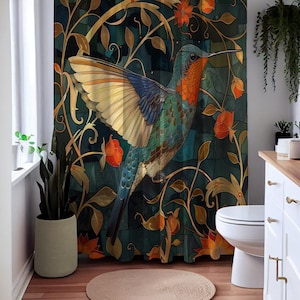 William Morris Inspired Floral Hummingbird Art Bathroom Decor Nature Pattern Shower Curtain