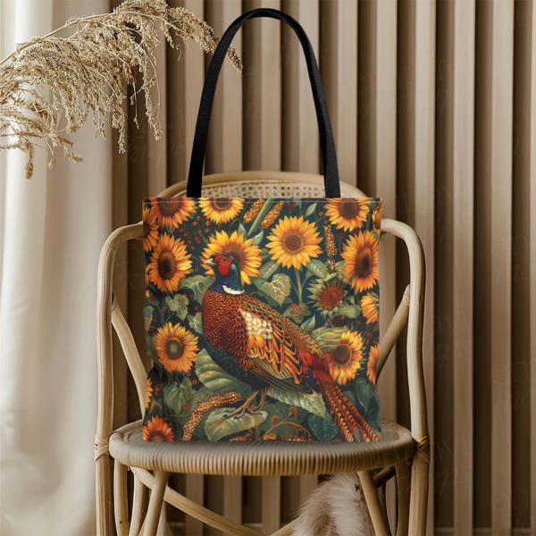 Pheasant Sunflower Tote Bag, , William Morris Inspired, Vintage Botanical Bird Print