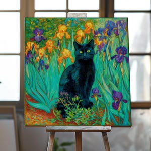 May include: A square canvas painting on an easel depicts a black cat with yellow eyes, seated amidst colorful irises. The flowers are in shades of yellow, purple, and blue, set against a backdrop of green foliage. The artwork has a textured, painterly style.