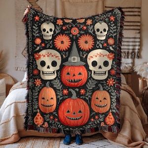 Spooky Harvest Halloween Woven Cotton Blanket, Skulls, Pumpkins & Autumn Florals Throw