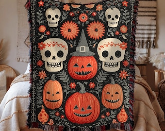 Spooky Harvest Halloween Woven Cotton Blanket, Skulls, Pumpkins & Autumn Florals Throw
