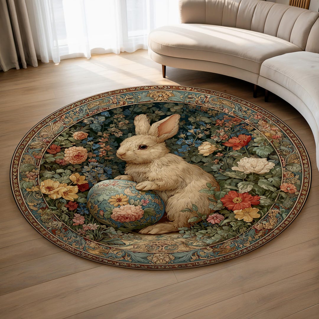 Victorian Bunny Round Rug, 5ft Vintage Rabbit William Morris Style ...