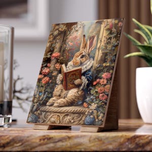 Victorian Rabbit Reading Ceramic Tile | Storybook Floral Art Decor