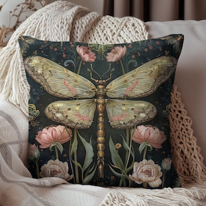 William Morris Inspired Botanical Dragonfly Pillow | Cottagecore Art Nouveau Pillow Cushion