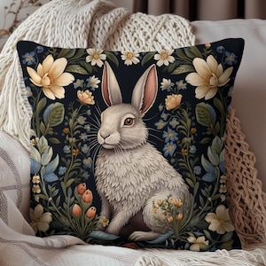 Botanical Bunny William Morris Inspired Pillow, Decorative Rabbit Cushion, Spun Polyester Square Pillow