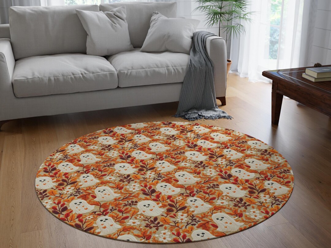 Embroidered Cute Ghost Fall Foliage Pattern Round Area Rug, Fall Season ...