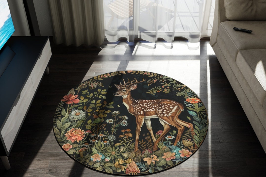 Vintage Forest Deer Round Area Rug | William Morris Inspired Cottage ...