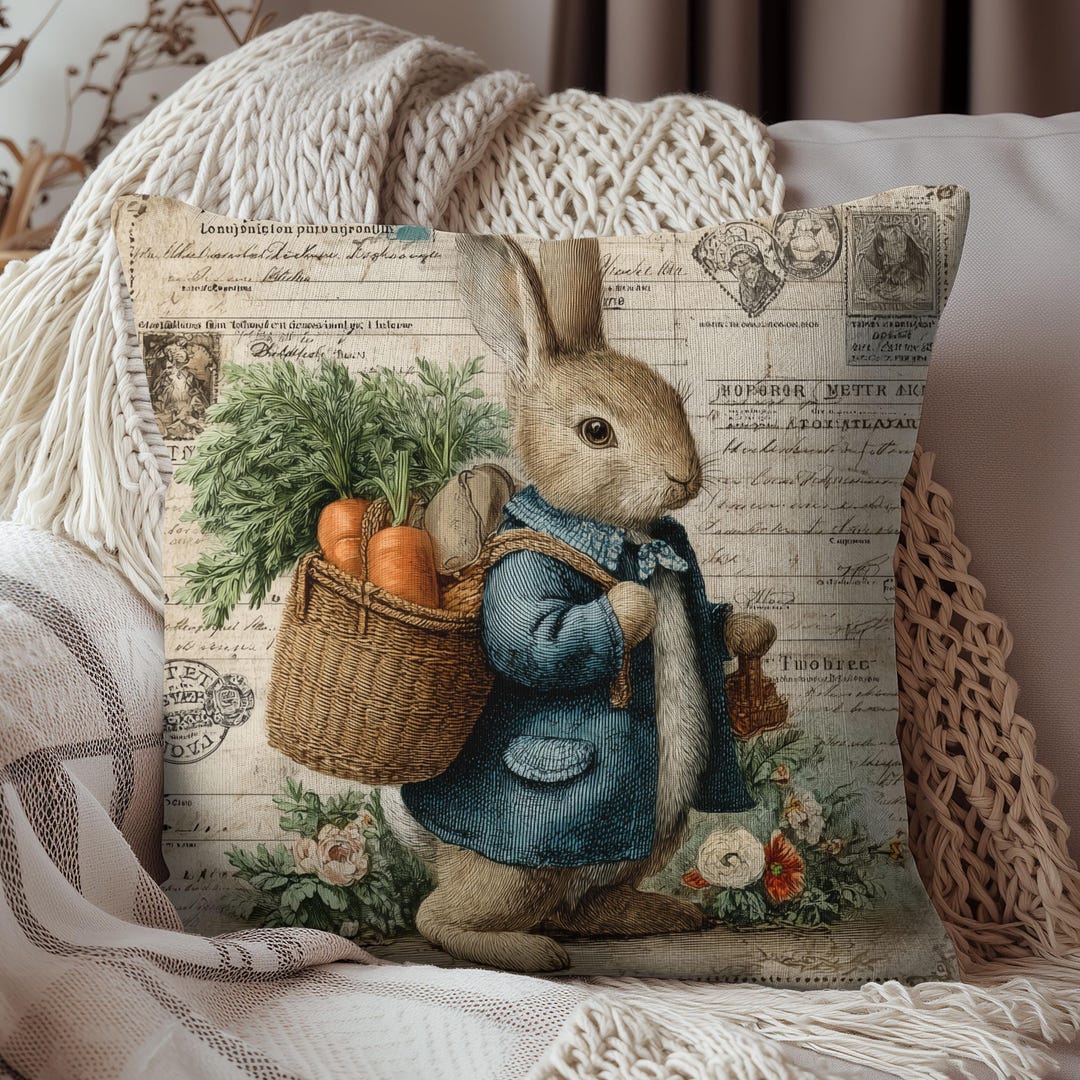 Vintage Rabbit With Carrot Basket Pillow Storybook Cottagecore Bunny ...