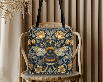 Elegante Hummel Blumen Einkaufstasche | Vintage botanische Bienenmarkttasche | Cottagecore Natur Shopper